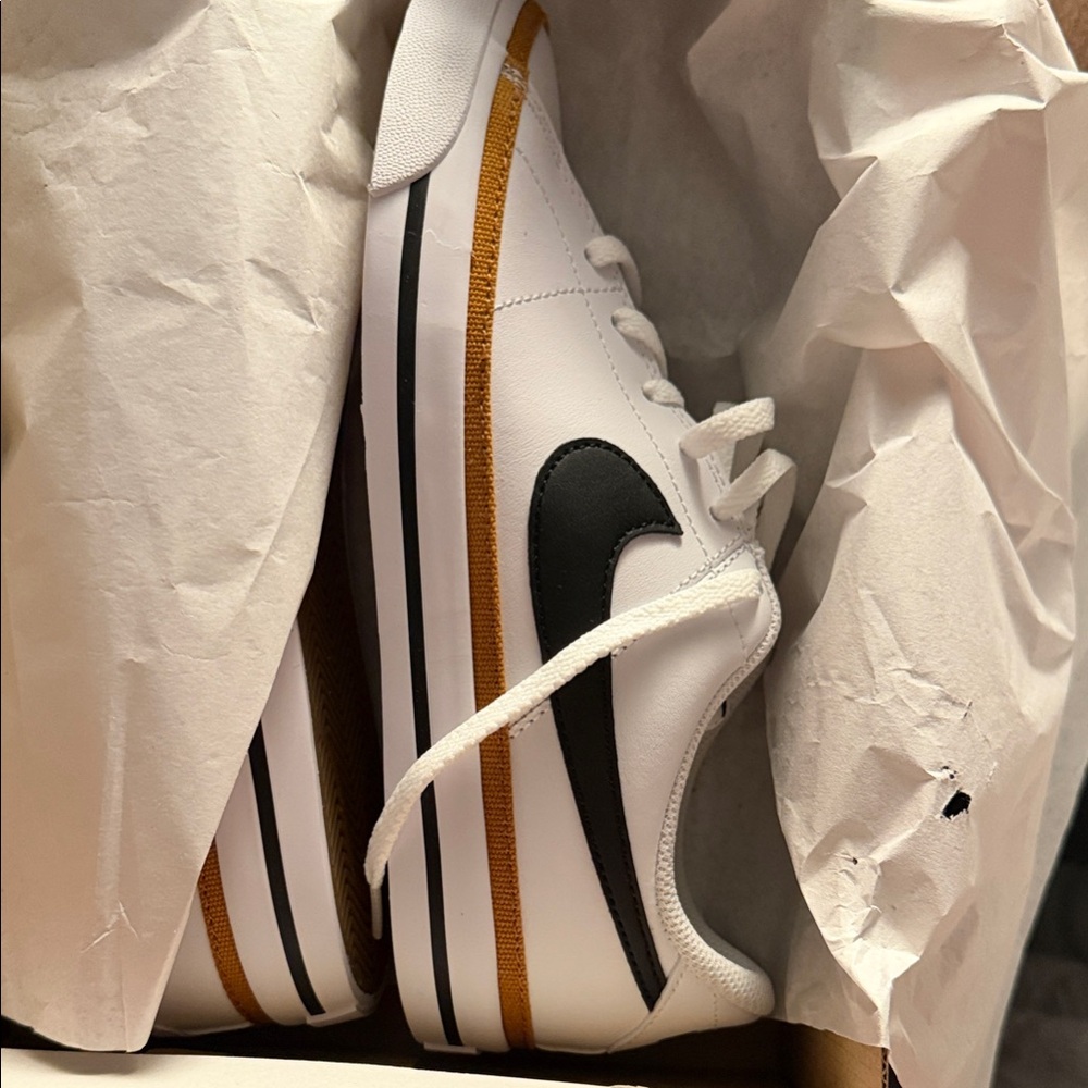 Nike Big Girl Court Legacy White and Black Sneakers with Gold Accents